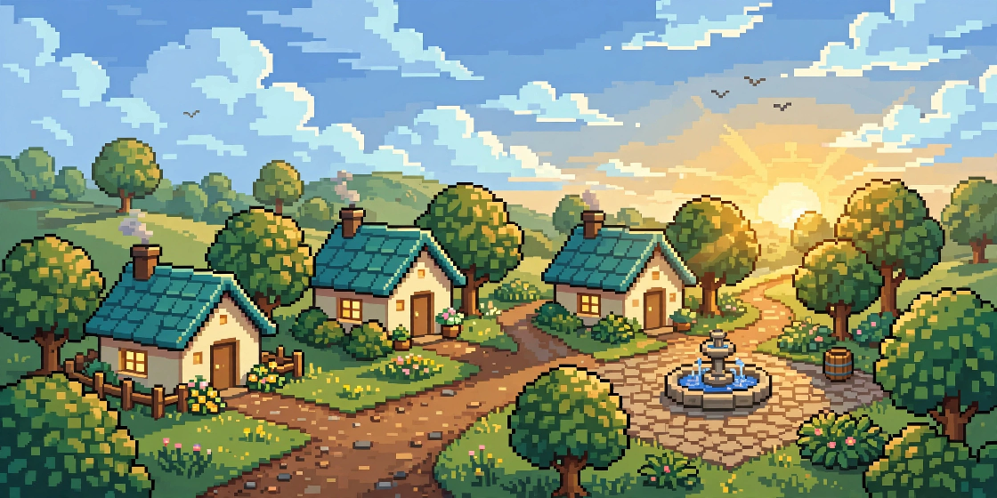 Pixel-art panorama of Calculator Village at dusk
